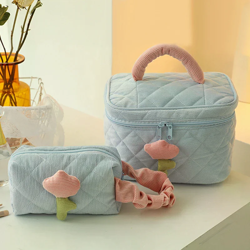 Cute Corduroy Makeup Storage Bag Portable Travel Cosmetic Tulip Pouch Toiletry Organizer Large Capacity Flower Pattern Bags