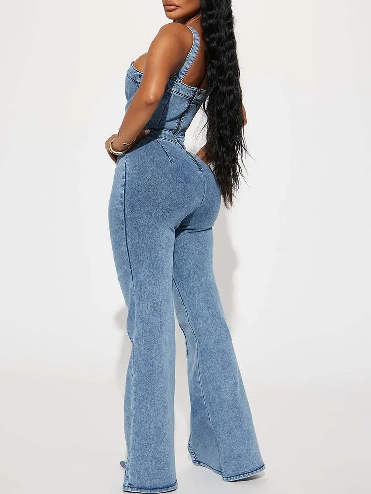 Streetwear Vintage Denim Overall Frauen Flare Hosen Hohe Taille Spaghetti Strap Ärmellose Jeans Casual Strampler Monos Para Mujer