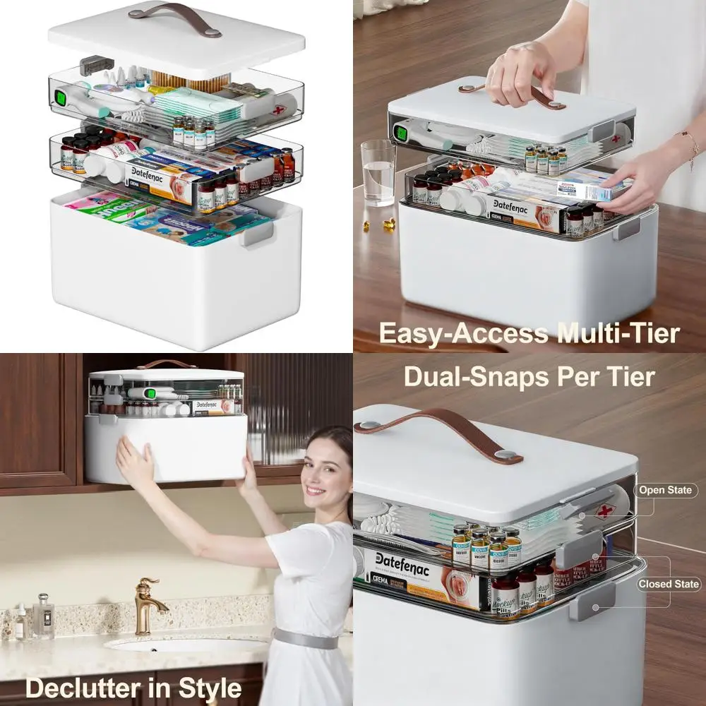 

Портативный трехъярусный ящик для хранения лекарств большой емкости с кожаной ручкой, идеально подходит для оказания первой помощи дома и ванной комнаты