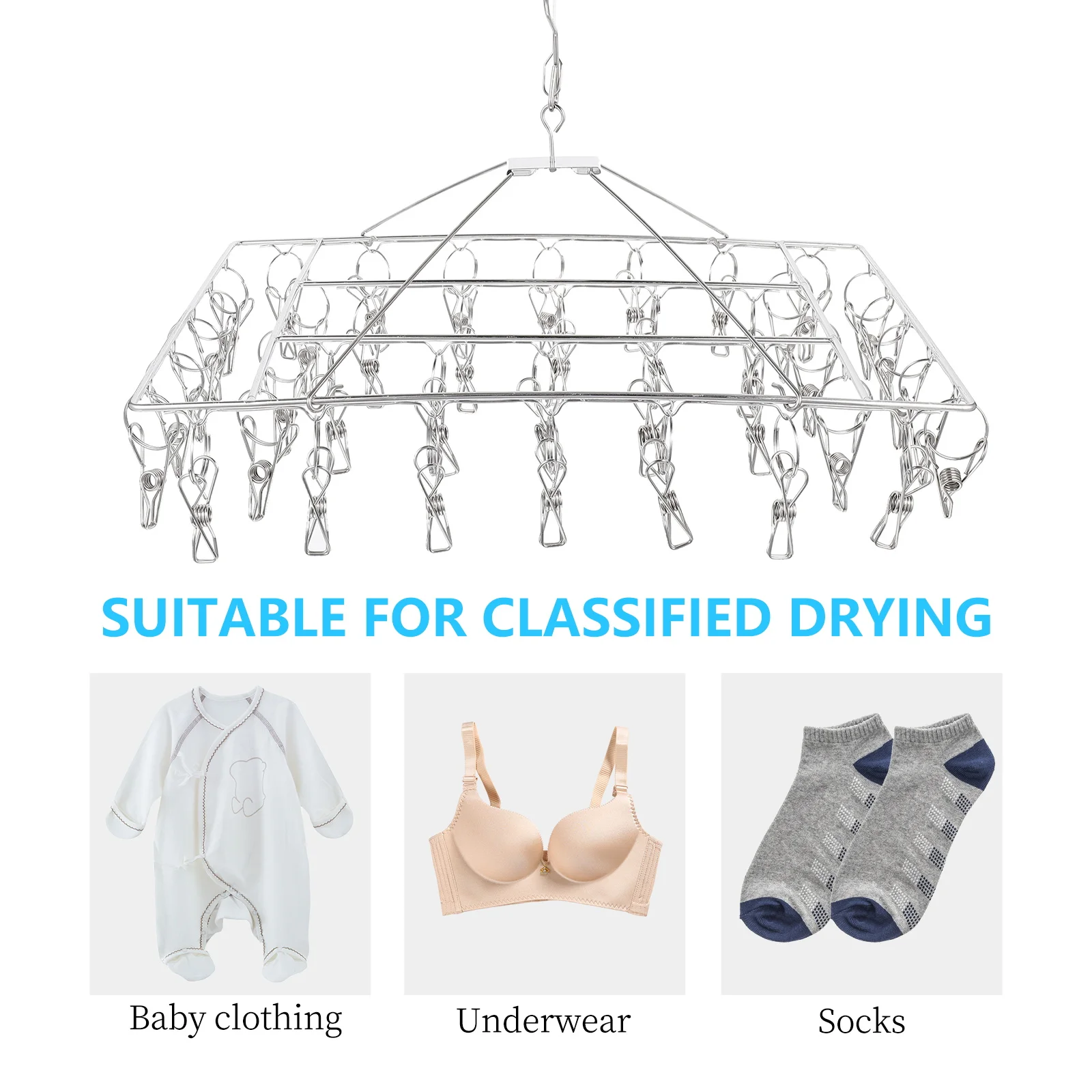 

Clothes Hangers Drying Rack Laundry Square Clips Balcony Socks Racks Stainless Steel Elastic Clips Firm Clamp Clothes Prevent