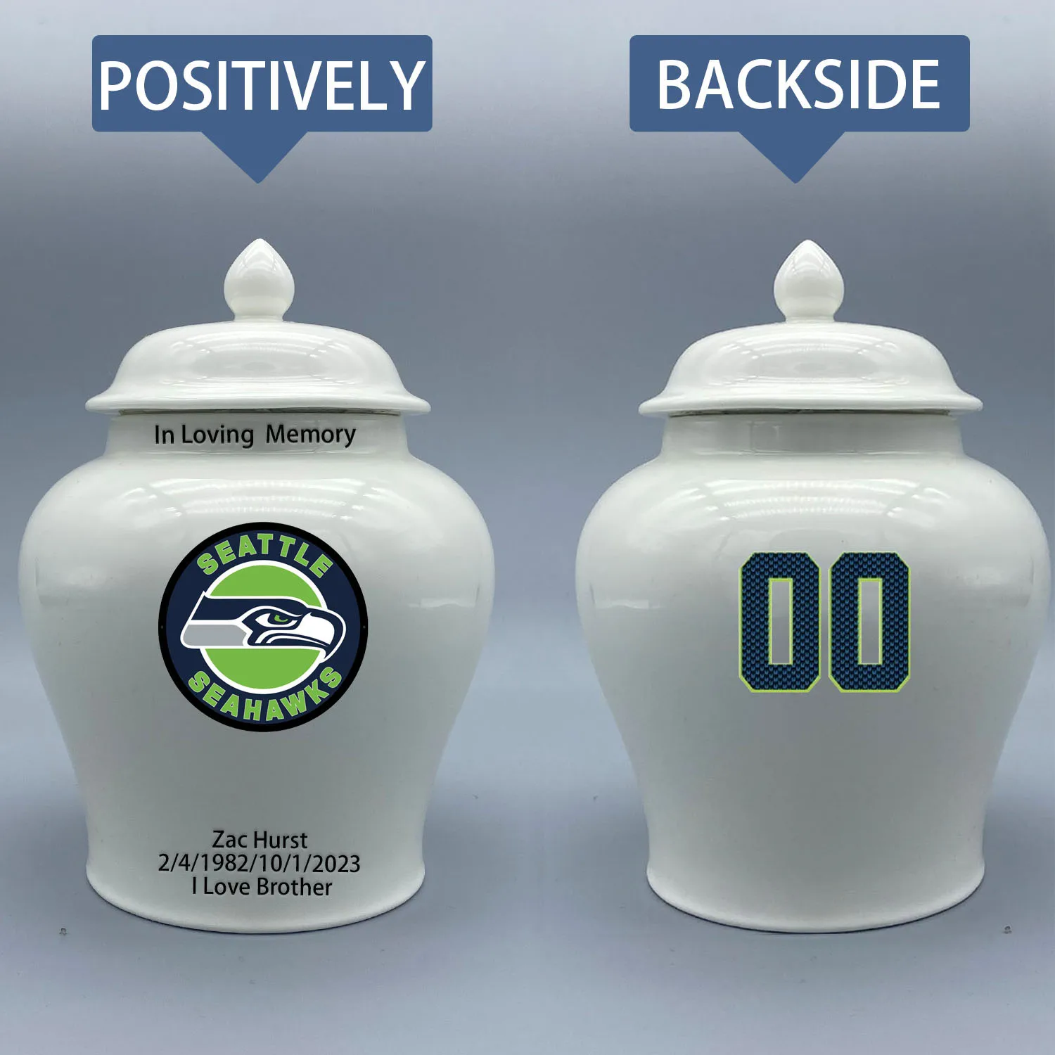 

Medium Urn for Seattle Seahawks-themed Logo Urn.Please send me the customize information-name/date and number on the urn