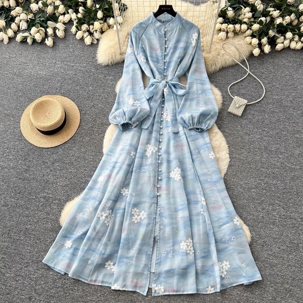 Damen-Printkleider A-Linie Kleid Knöchellang Lange Laternenärmel Tailliert Einreihig Schmal Geschnitten Lässig Elegant Sommer 2026