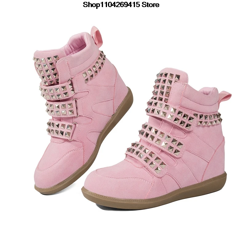 Autumn and Winter New Women Ankle Boots Trend Cool Punk High Heels Booties Fashion Studded Buckled  Causal sneakers