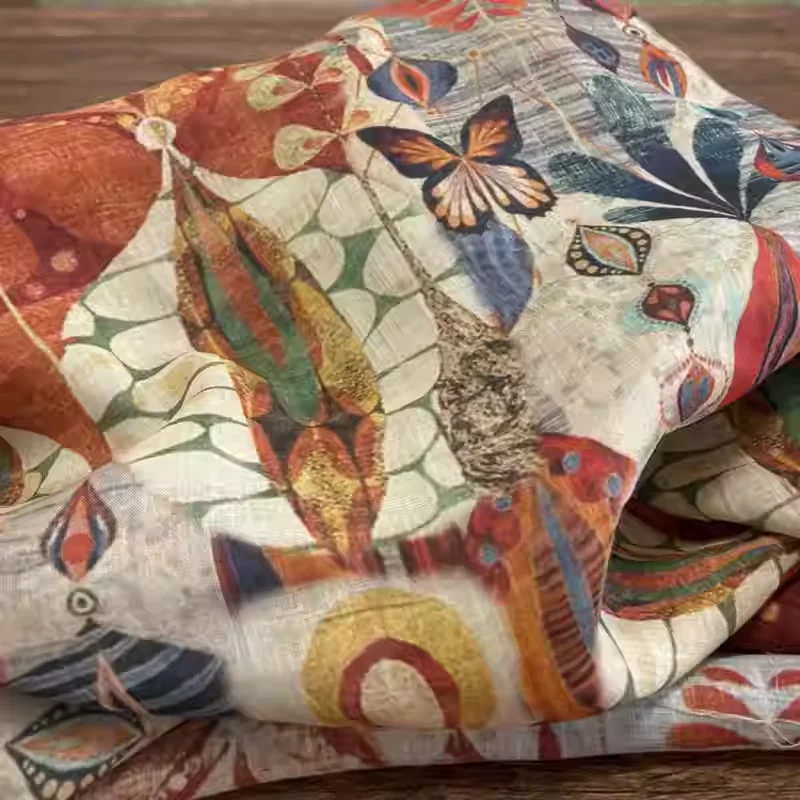 

High end orange red pure ramie printed fabric, used for summer shirts, dresses, and hand sewn fabrics