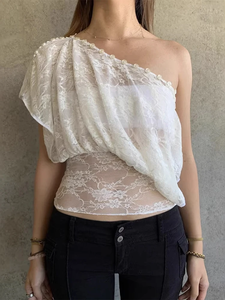 

Trendix Mesh Off Shoulder Top For Women 2026 Fashion Button Patchwork Sheer Blouse Summer Party Sexy Hollow Out Sleeveless Tops