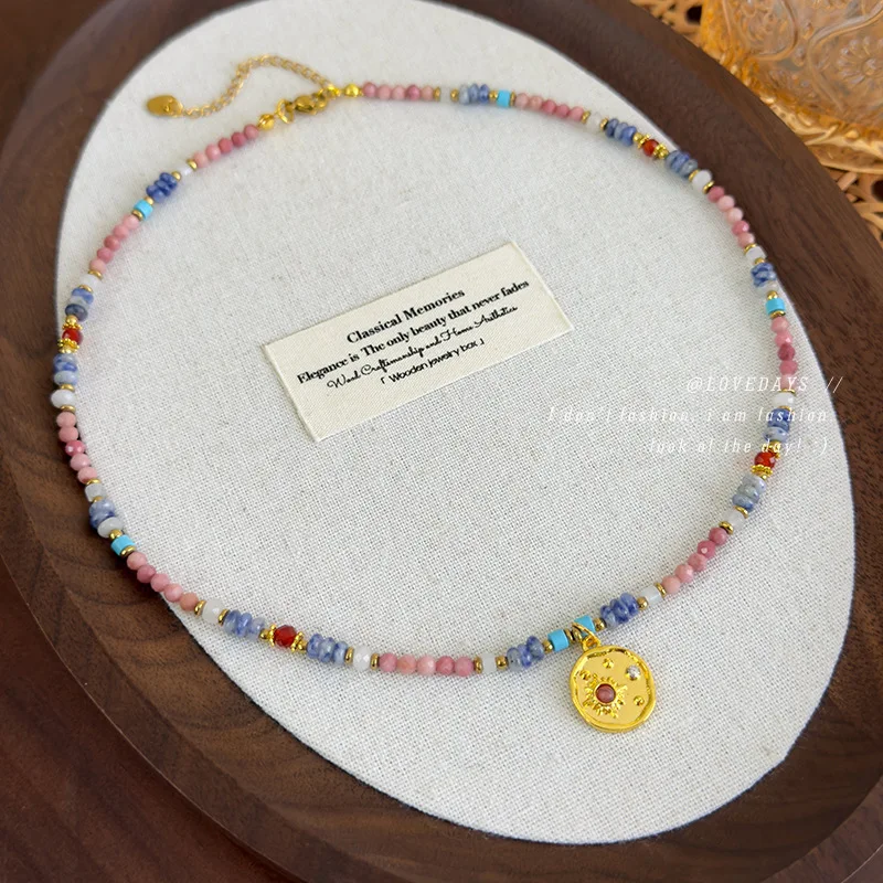 

Premium Pink Gemstone Sun Pendant Collarbone Necklace for Women Handmade Layered Choker Casual Daily Jewelry Unique Gift No Hurt