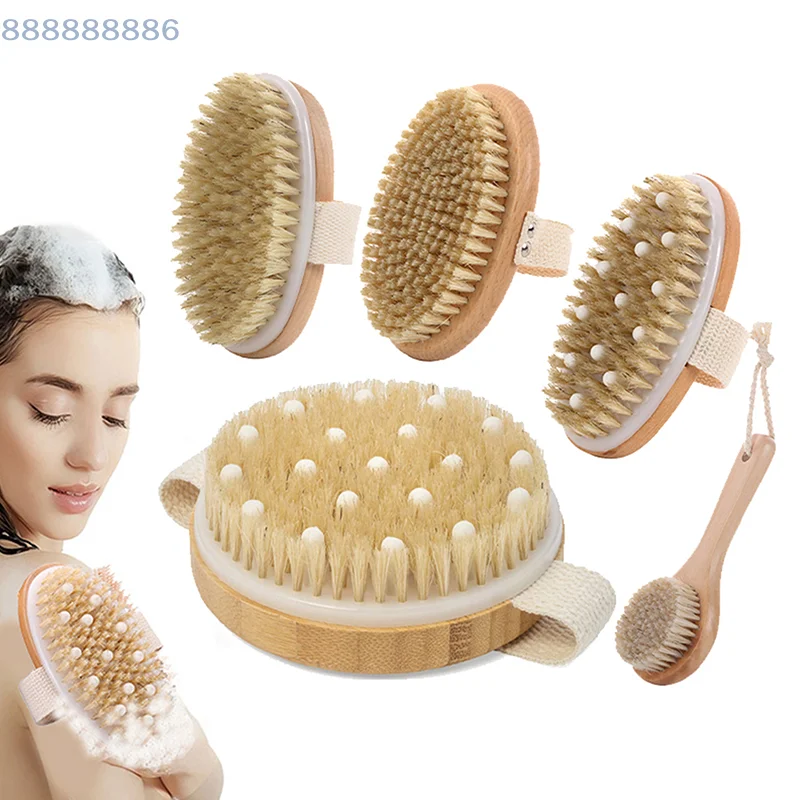 [B]1pcs Exfoliating Wooden Body Massage Shower Brush Natural Bristle Bath Brush Soft SPA Woman Man Skin Care Wet Dry Body Brush