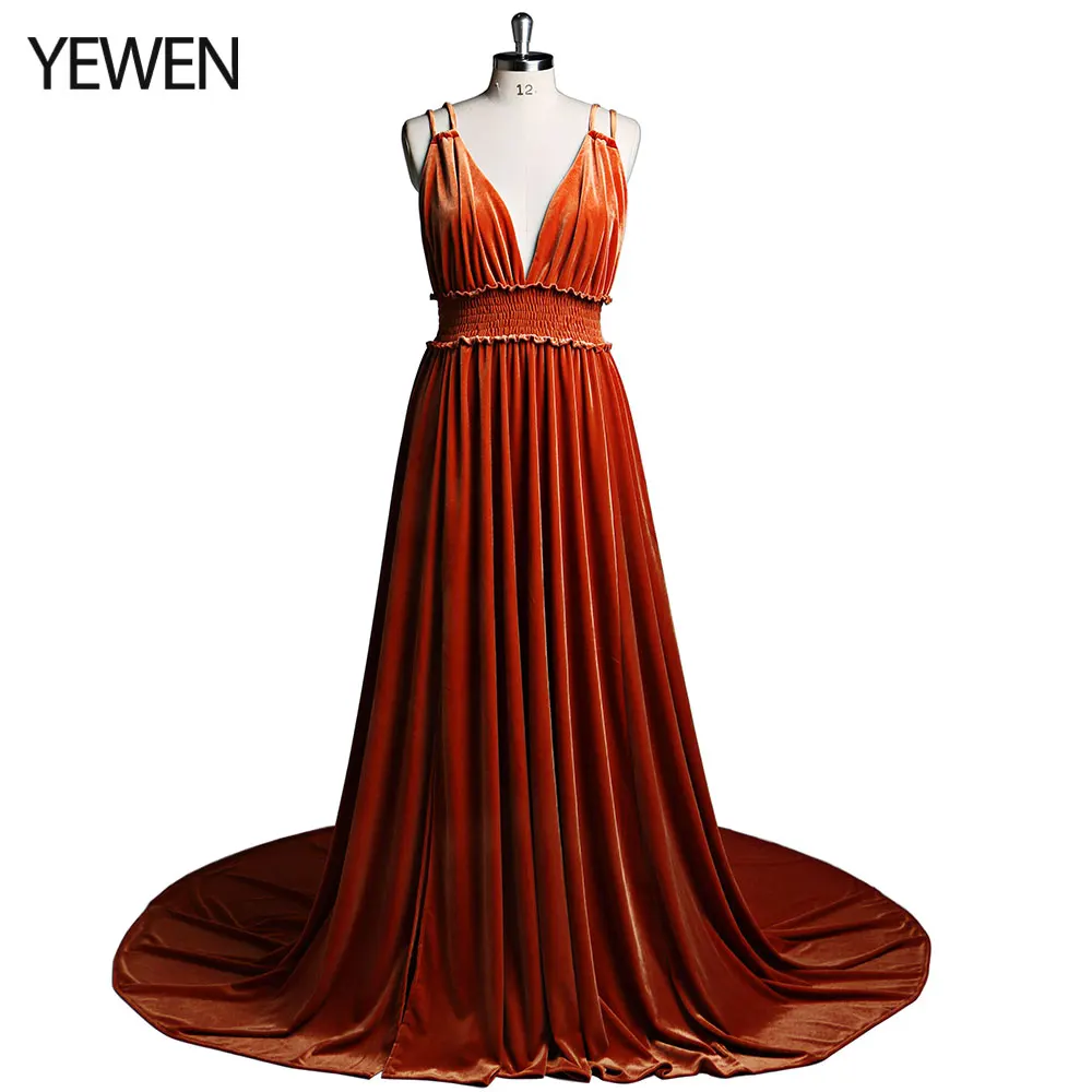 

Rust Velvet V Neck Stretch Waist Side Slit Maternity Dress for Photo Shoot Photography Props Maternity Long Gowns YEWEN YD21827