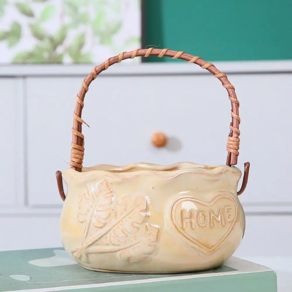 

Corrosion-resistant Ceramic Succulent Planter With Handle Decorative Creative Flower Pot Breathable Nordic Flowerpot Ornament