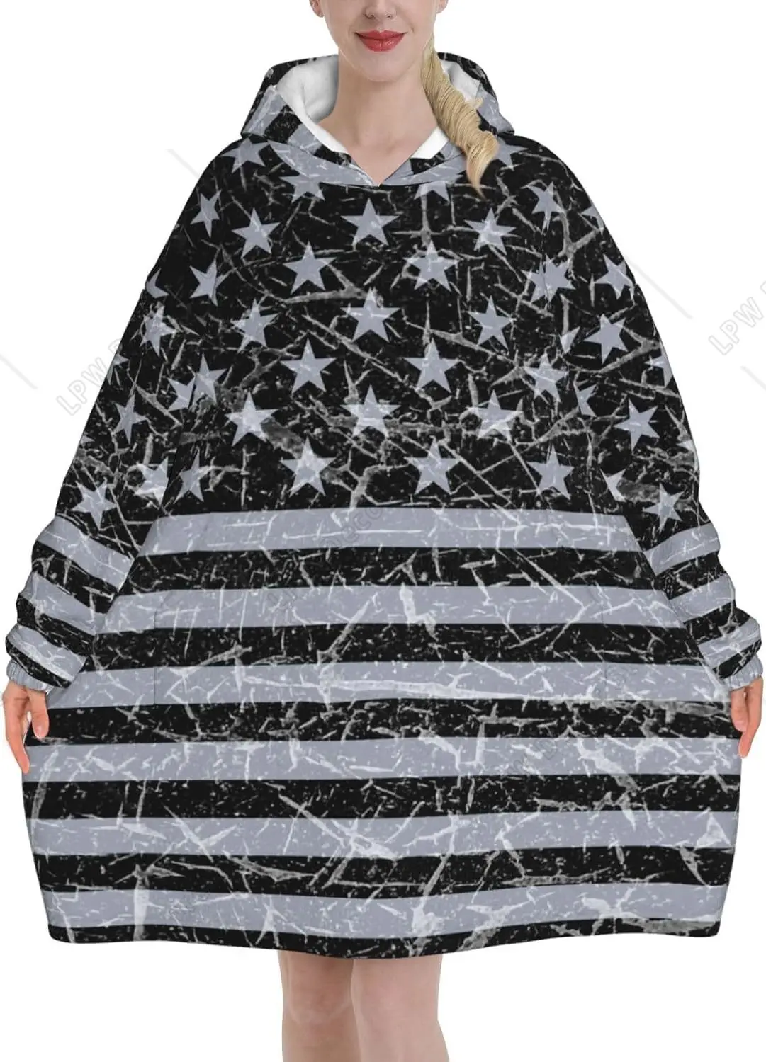 

Vintage Usa Flag Retro American Flag Art Adult Flannel Wearable Plush Blanket With Pockets Ultra Soft Plush Warm Hoodie