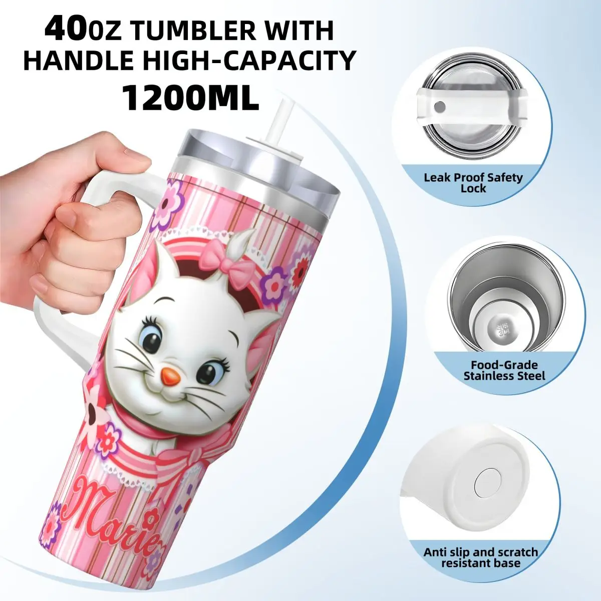 Stainless Steel Tumbler Marie Cat Mugs Cup With Straws Driving Hot Drinks Water Bottle Portable 40oz Thermal Mug