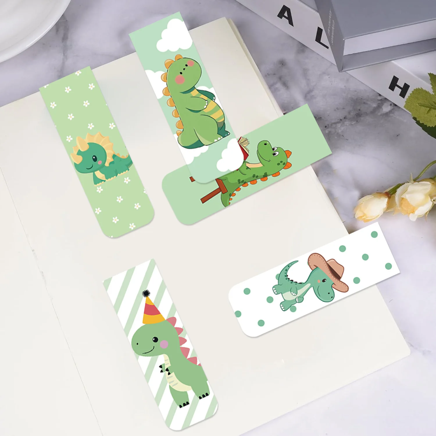 5Pcs/Set Cute Cartoon Dinosaur Magnetic Bookmarks, Kawaii Animal Book Marks for Kids Stationery Gifts for Students Boys & Girls view 3