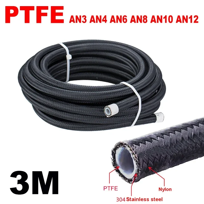 

10FT 3M AN3 AN4 AN6 AN8 AN10 AN12 Car Fuel Hose Oil Gas Cooler Line Pipe Tube Inside PTFE Nylon Stainless Steel Double Braided