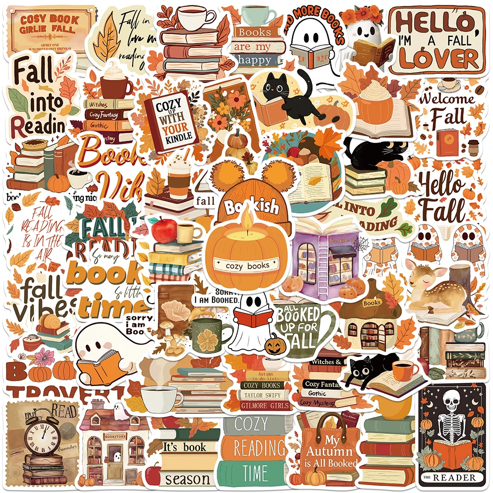 

50pcs Cute Cartoon Autumn Reading Book Stickers Aesthetic Bookish Sticker Luggage Laptop Guitar Phone Waterproof Vinyl Decals