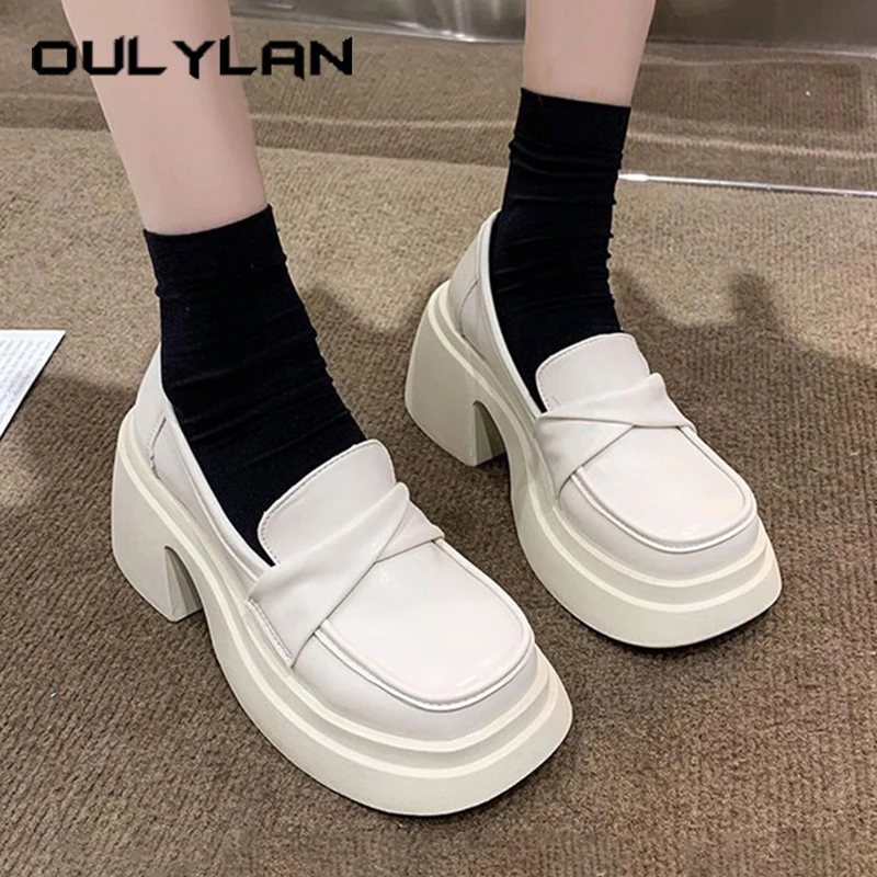 

Oulylan повседневная элегантная удобная женская обувь, однотонные лоферы в британском стиле в стиле ретро, модная кожаная обувь на высоком каблуке на толстой подошве