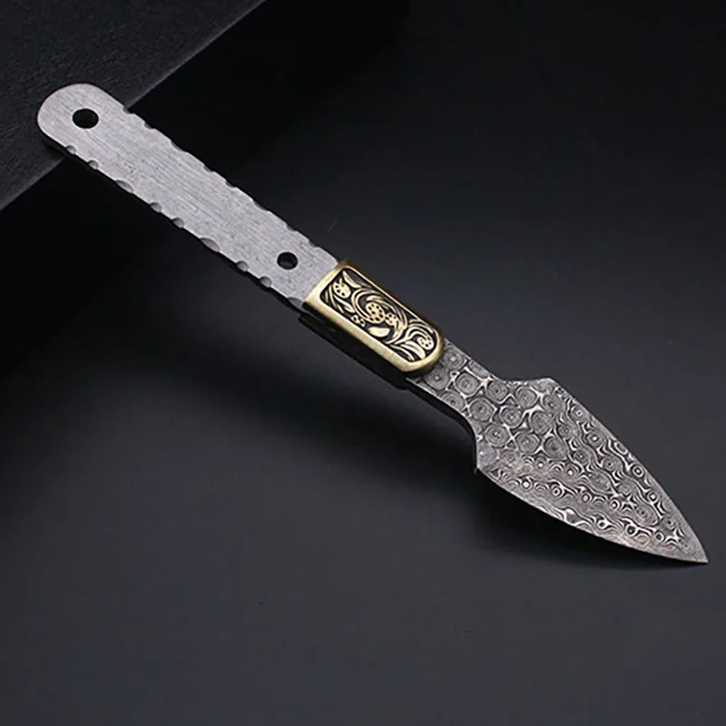 Copper Flower Damascus Steel Tea Knife Small Straight Tea Sword Tea Needle Knife Blank Shovel Knife Billets Semi-finished