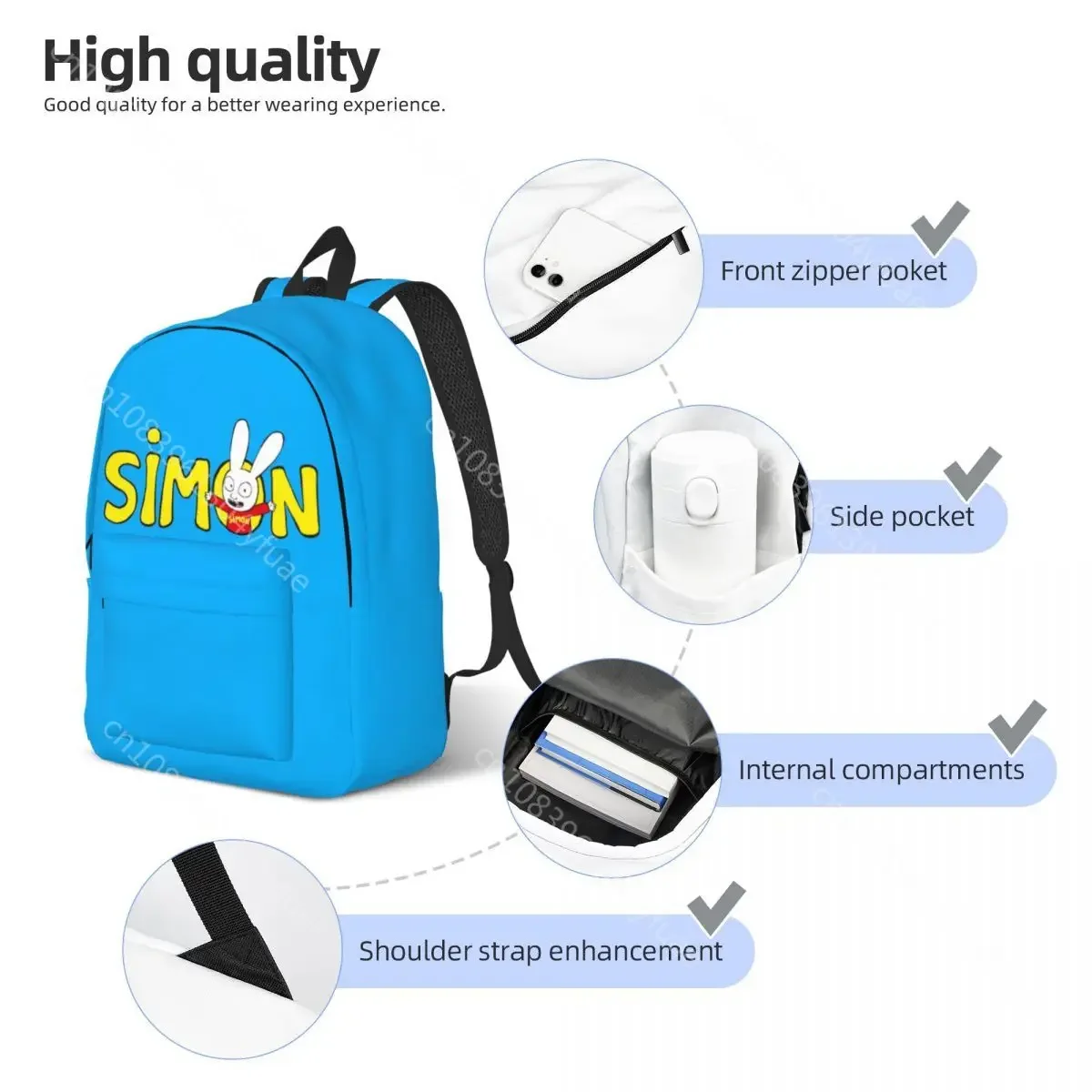 Mochila con patrón de logotipo de Simon para niño y niña, morral informal de dibujos animados de conejo, bolsas escolares transpirables para senderismo y Navidad