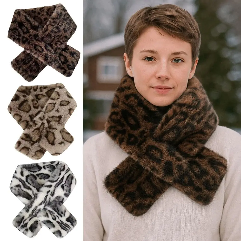

Cute Thicken Warm Leopard Print Scarf Windproof Soft Faux Fur Scarf Faux Rabbit Fur Faux Collar Winter Scarf Neck Wrap