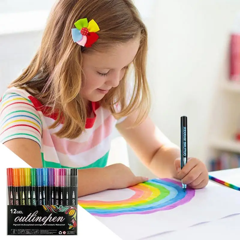 Outline Markers Shimmer Marker Set Colorful Double Lines Outline Pens Self-Outline Markers For Glitter Doodle Drawing