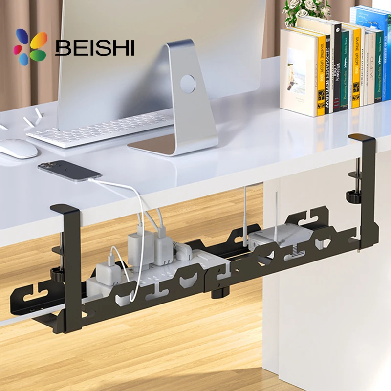 No Drilling Extendable Under Desk Cable Management Metal Cable Tray Under Desk With Clamp Retractable Power Strip Cord Holder