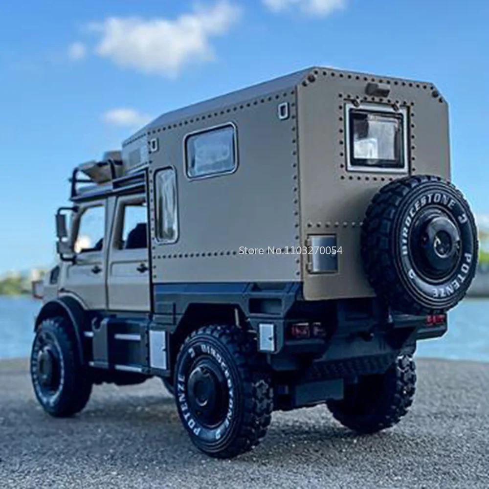 

1/28 UNIMOG MOTORHOME Alloy Diecasts Car Model Simulation with Sound Light Pull Back Off-Road RV Vehicles Child Collection Gifts