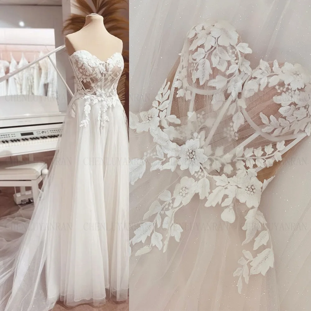 Boho Sweetheart Wedding Dresses For Women Strapless Sexy Long Bride Dress A-Line Sweep Train Tulle Wedding Gowns Robe De Mariée