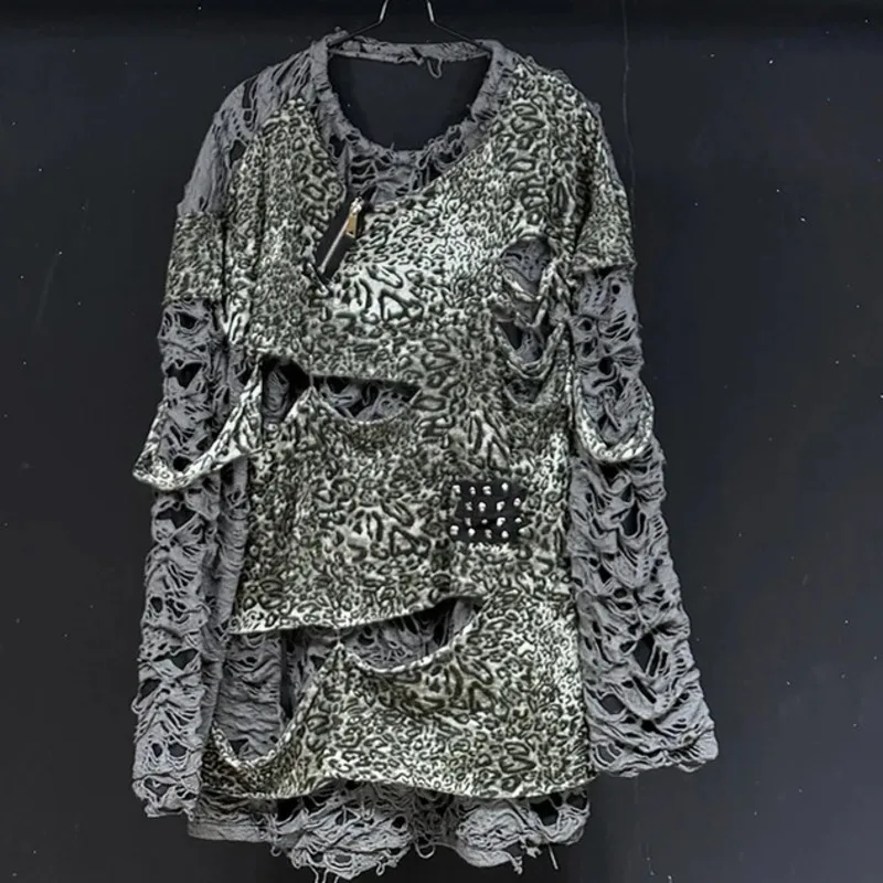 Men Leopard Print Long Sleeve T-shirt Streetwear Dark Fashion Ripped Layered Casual Top 2026 Summer New XF67