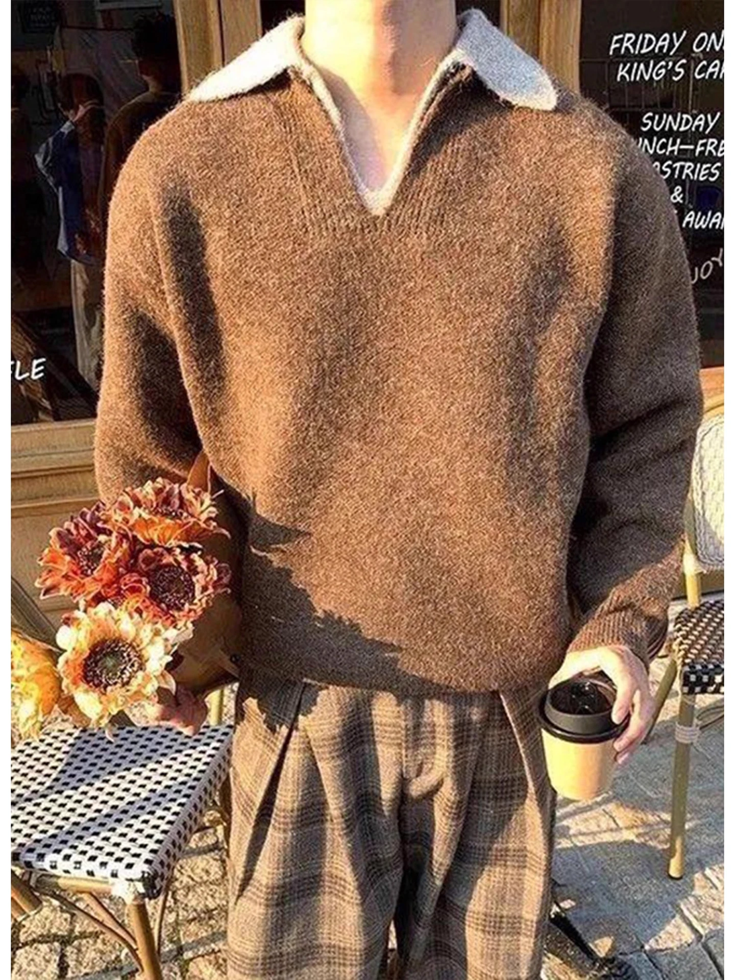 

Американский свитер с воротником-стойкой, мужской свободный крой, повседневный вязаный топ, универсальный осенне-зимний тяжелый базовый слой для ленивых Sle