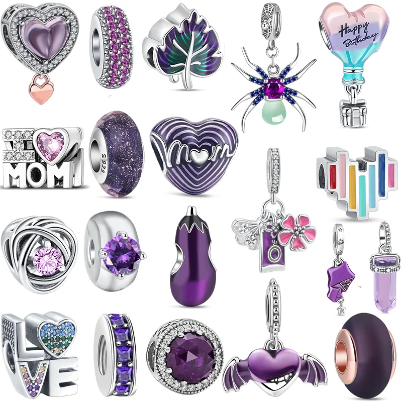 

2024 New 925 Silver Purple Bead Flower Dangle Charm Fit Original Pandora Brand Bracelet And Necklace 925 Jewelry Gift making