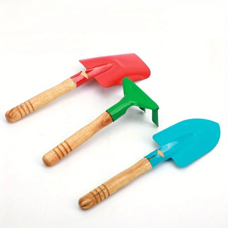 3pcs/Set Beach Shovel Kids Sand Play Toys Colorful Metal Shovel Rake With Wooden Handle For Beach Sandbox Home Gardening Tools