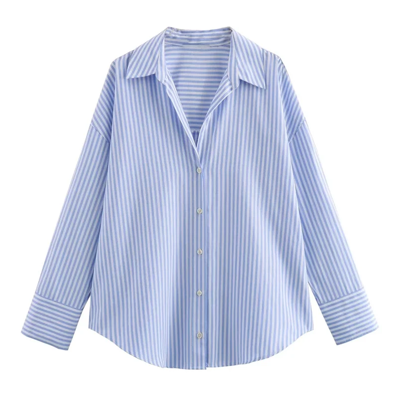 TRAF Oxford White Shirt Woman Asymmetric Blue Striped Long Sleeve Blouses For Women 2024 Casual Basic Shirts Woman Summer Top