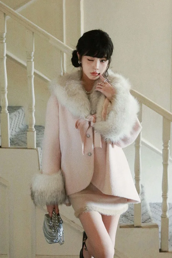 

Elegant Muse Wool Cape Coat Skirt Set 2025 High Waist Bow Detail Plush Blend Winter Coordinated Suit Women Luxe