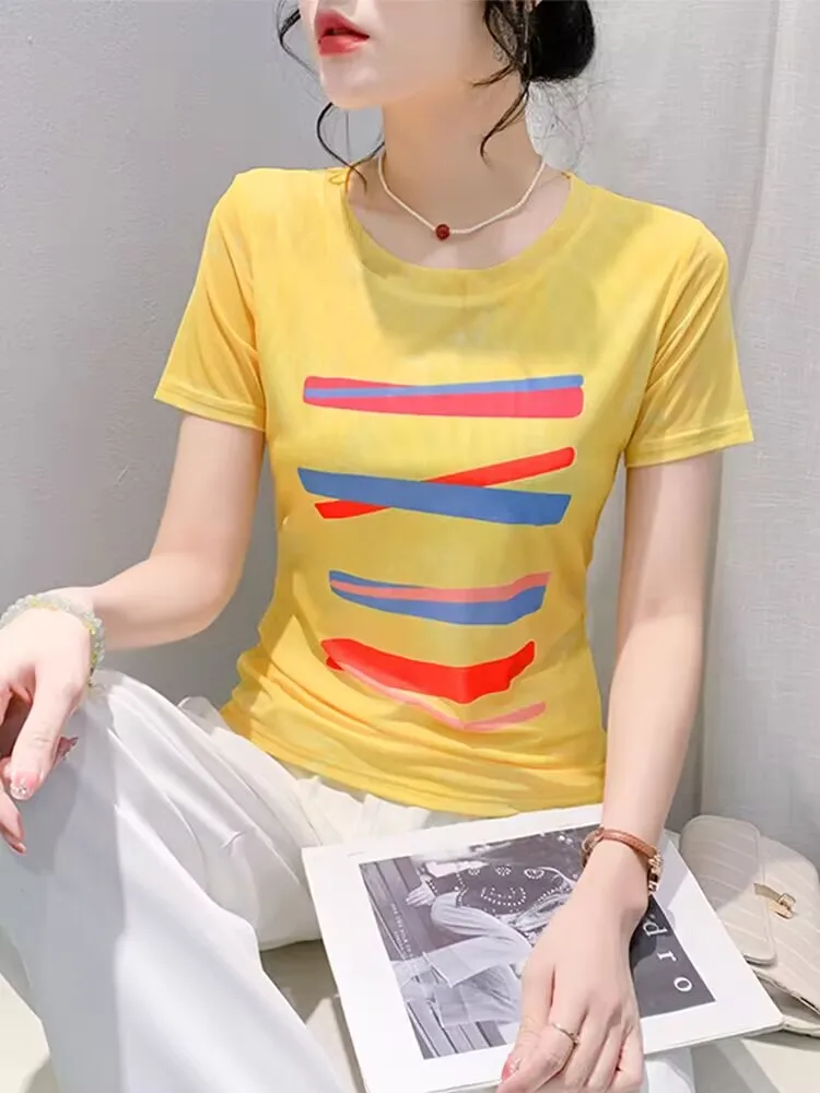 2024 New Arrival Art Female Bottoming T-shirt Summer Woman S-4XL High Stretch Rainbow Printed Striped Short Sleeve Mesh O-neck