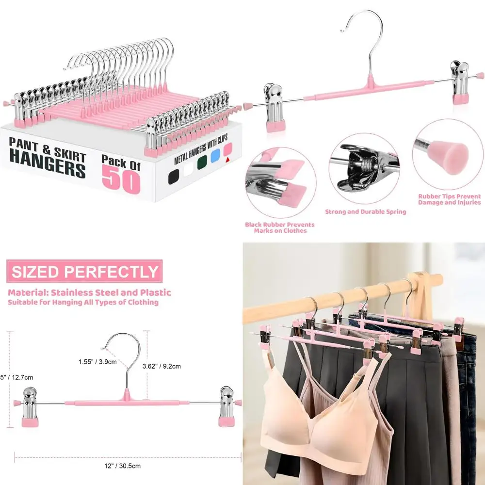 

50 упаковок 12-дюймовых регулируемых нескользящих вешалок для женской одежды, компактных зажимов для юбок, джинсов, пальто, детской одежды -