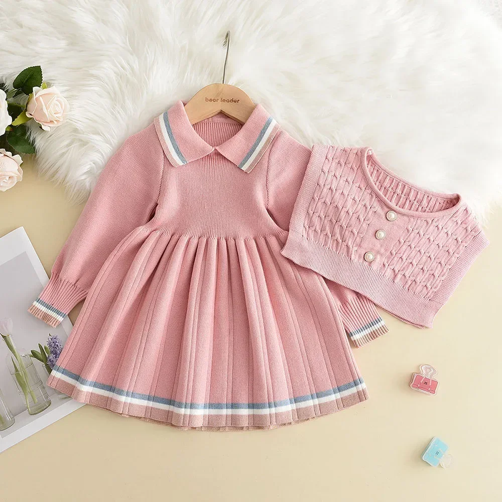 Melario Girl Baby Sweater Knitted Dress Children Warm Sweater Dress + Vest Girls Infant Casual Pleated Princess Dresses Vestidos