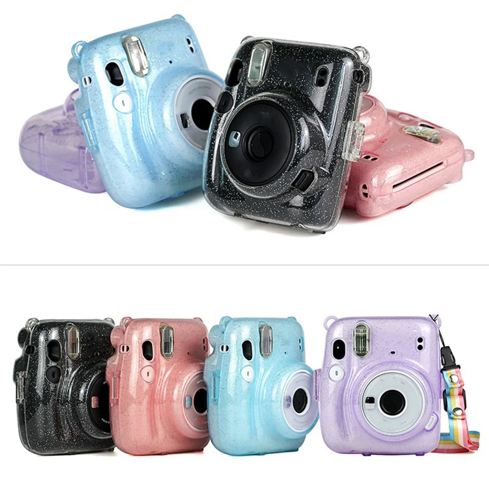 أفضل العروض حقيبة كاميرا صغيرة شفافة بريق كريستال هارد شل مع حزام كتف قابل للفصل ل Instax Mini 11