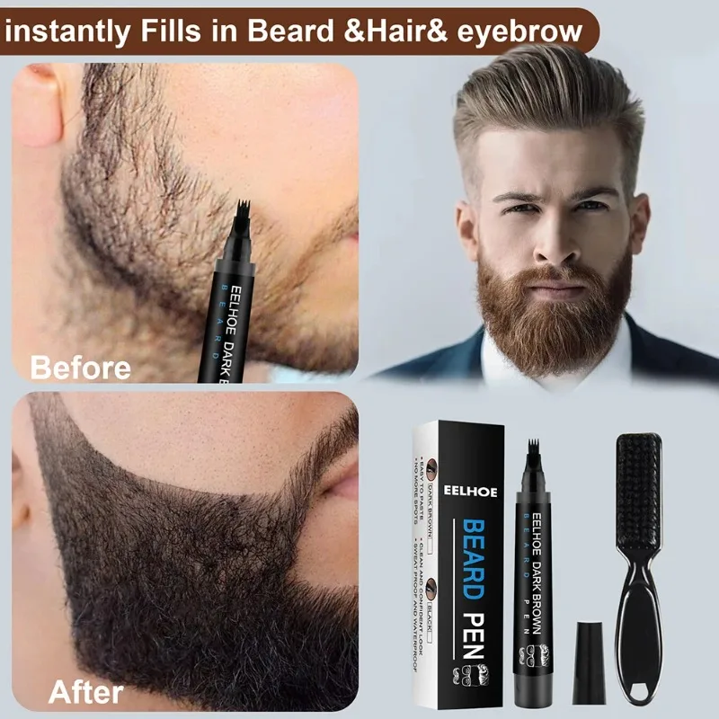 Beard Filling Pen Kit Four Prong Beard Filler Pencil With Beard Brush Waterproof Male Moustache Repair Shaping Coloring Pen