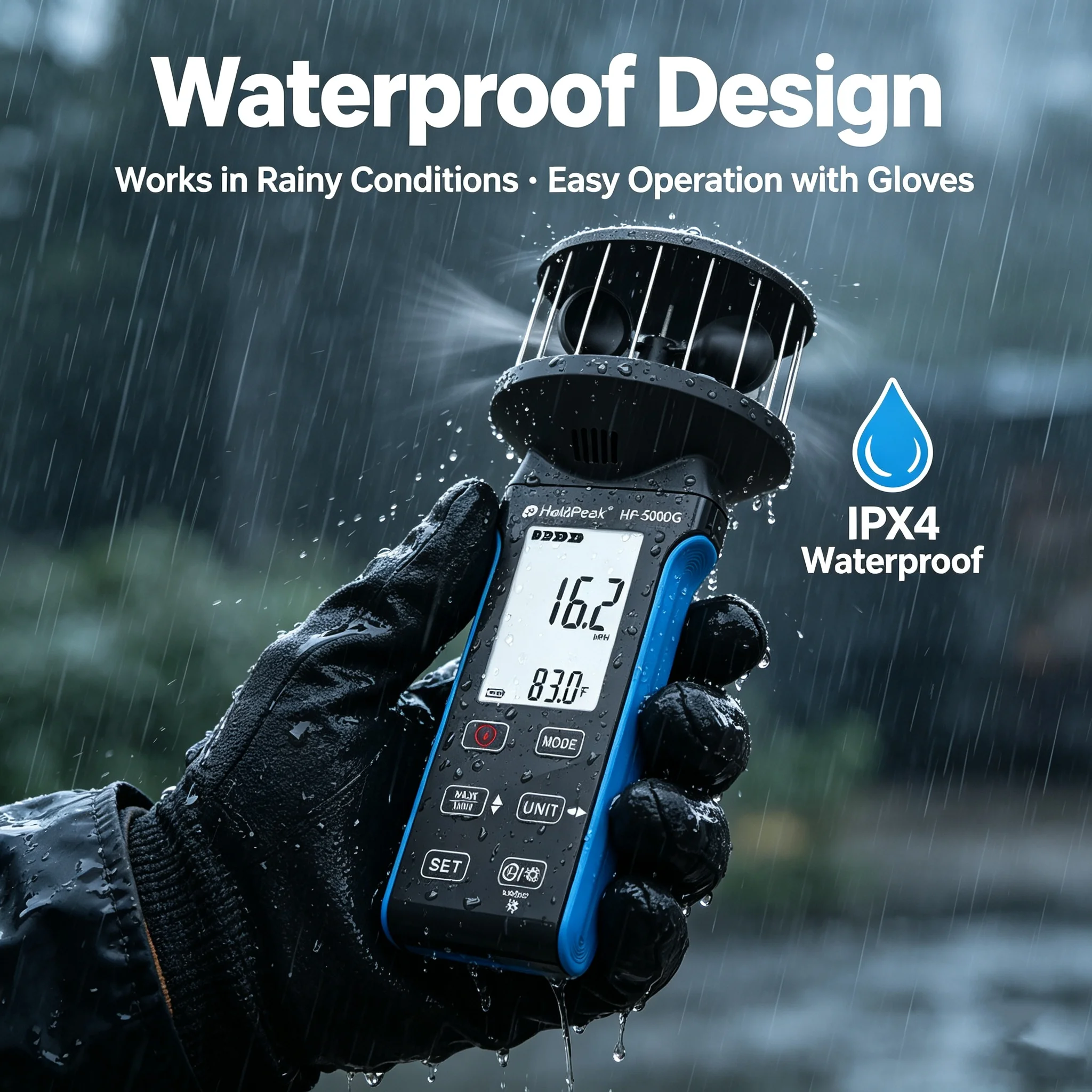 HoldPeak 5000G Cup Anemometer Wind Speed Meter 0.3-30m/s Air Volume CFM Temperature Waterproof USB-C Rechargeable Compass HVAC
