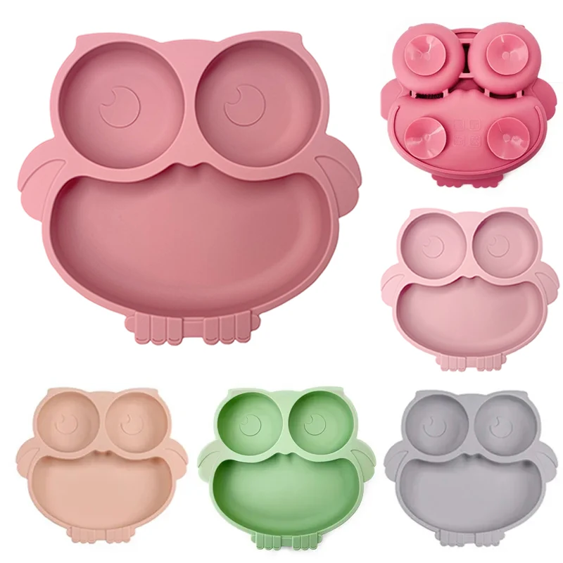 

2023New Silicone Baby Dining Plate Cute Owl Children Dishes Suction Plate for Toddlers Kid Training Feeding Sucker Bowl BPA FREE