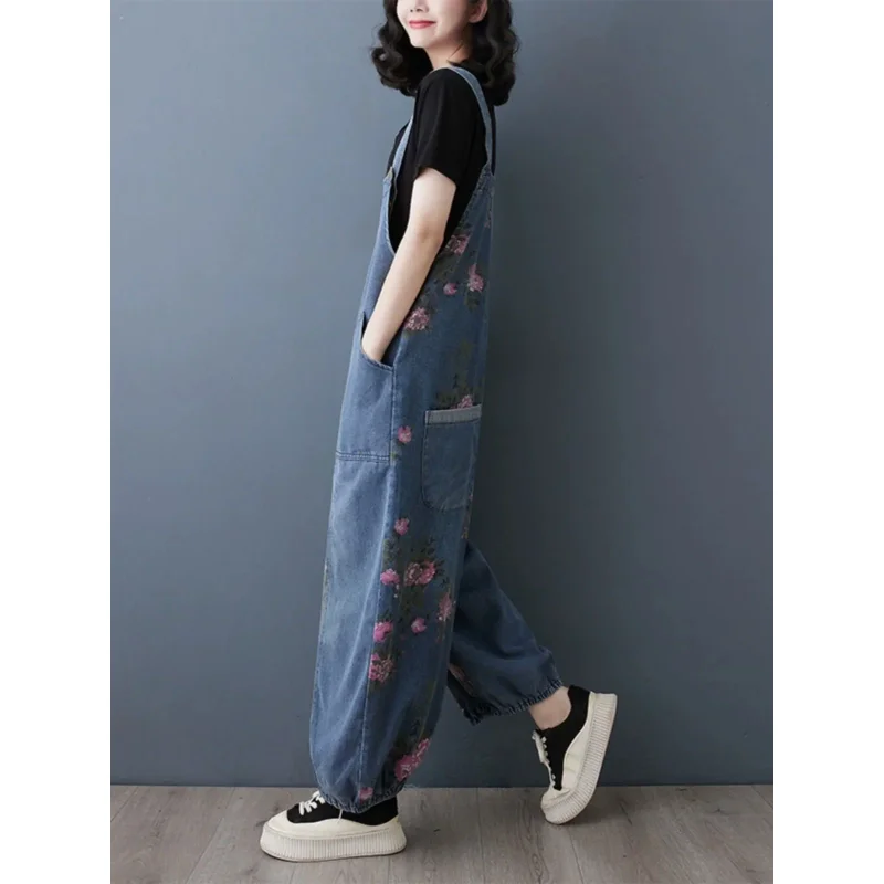 2025 New Arrival Fashion Spring Vintage Floral Printed Denim Jumpsuit For Woman Multiple Pockets Jeans Female Overalls Cowboy