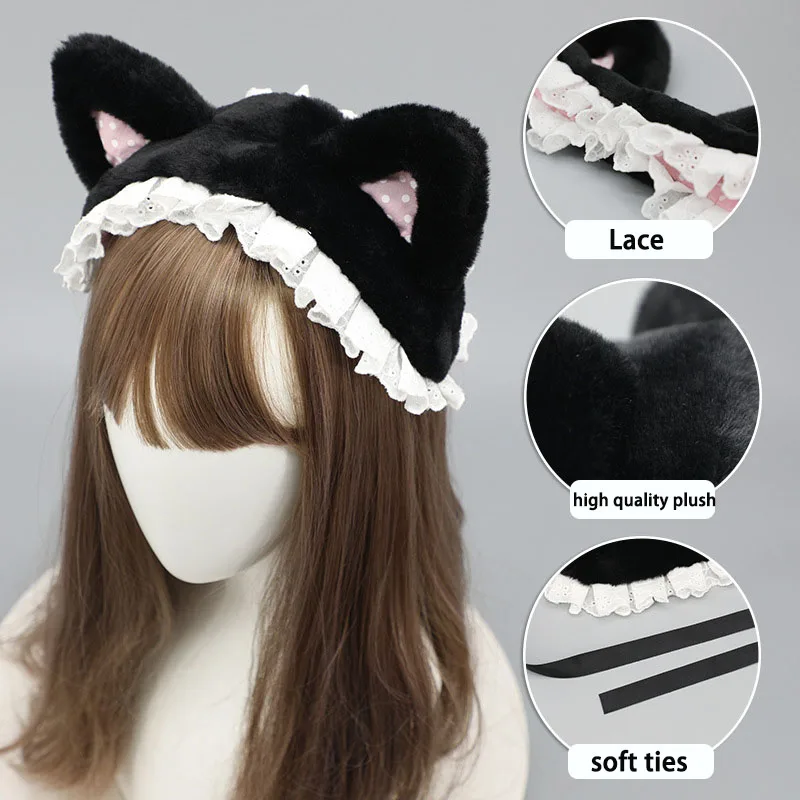 Cinta de Lolita con volantes, diadema de orejas de gato de felpa, diadema de Cosplay, banda de aro de pelo dulce, accesorios para el cabello de sirvienta