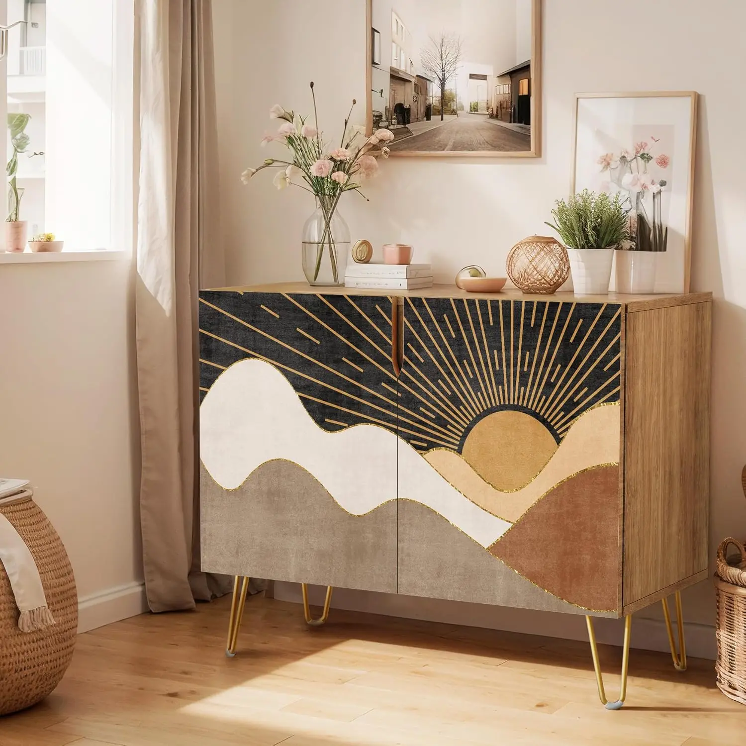 Sideboard Buffet Cabinet Kitchen Storage Cabinet with 2 Doors Mid Century Geometric Sun Nature Wilderness Cupboard Console Table