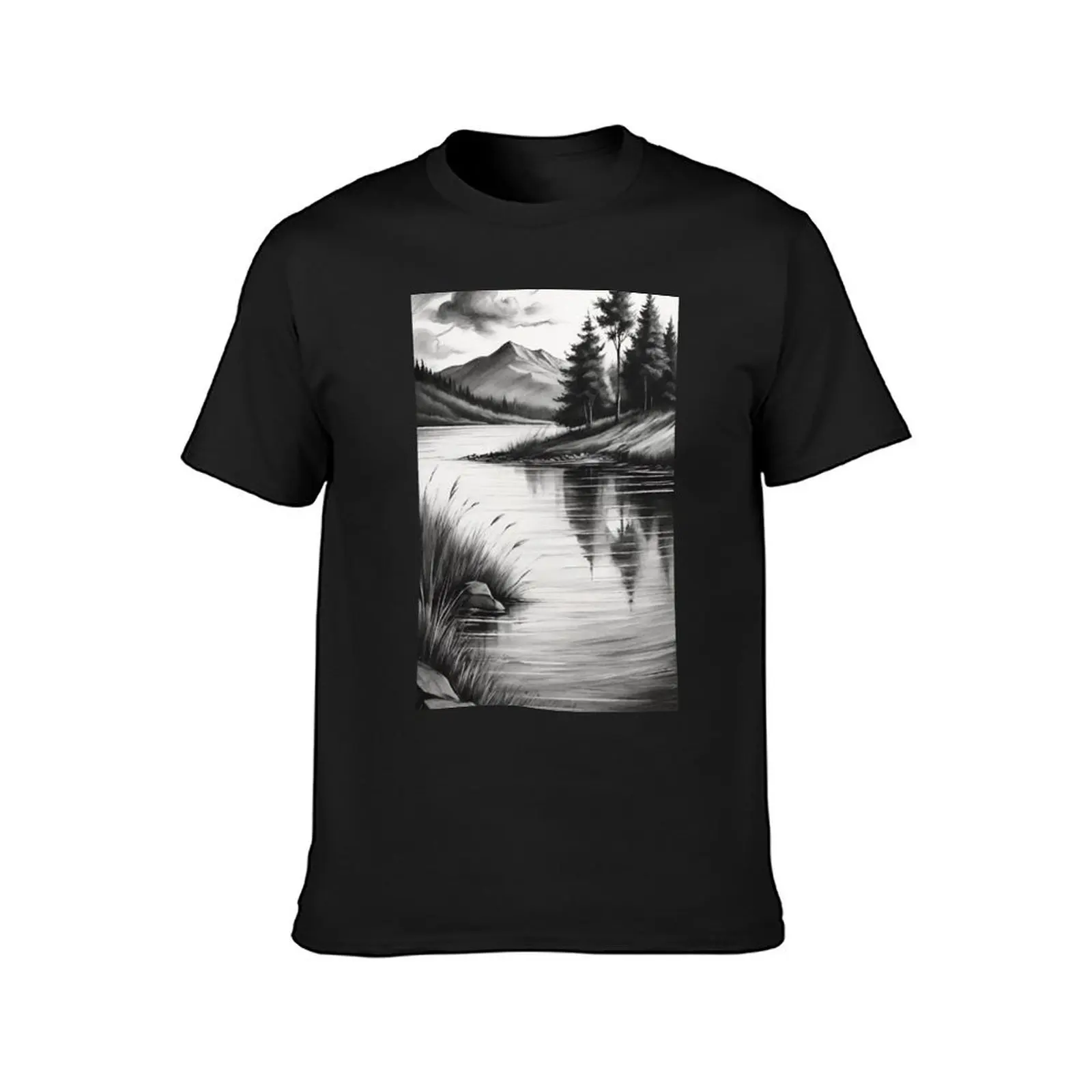 Serene Lake Sketch T-Shirt customs design your own Short sleeve tee quick drying tees heavy weight t shirts for men