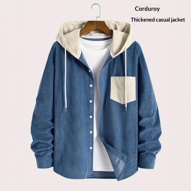 

2025 Men Corduroy Shirt Color Block Thick Warm Hooded Jacket Long Sleeve Vintage Casual Streetwear Coat