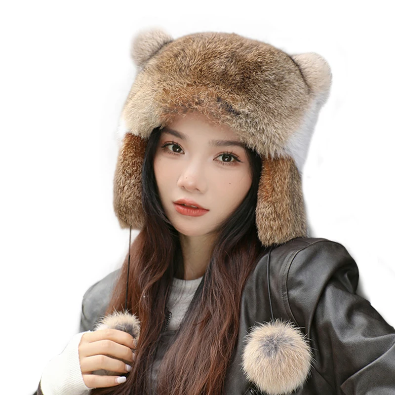 Bomber Hat Women Thick Warm Russian Ushanka Rabbit Fur Hat Fashion Male Female Winter Hat Black Earflap Ski Russian Cap