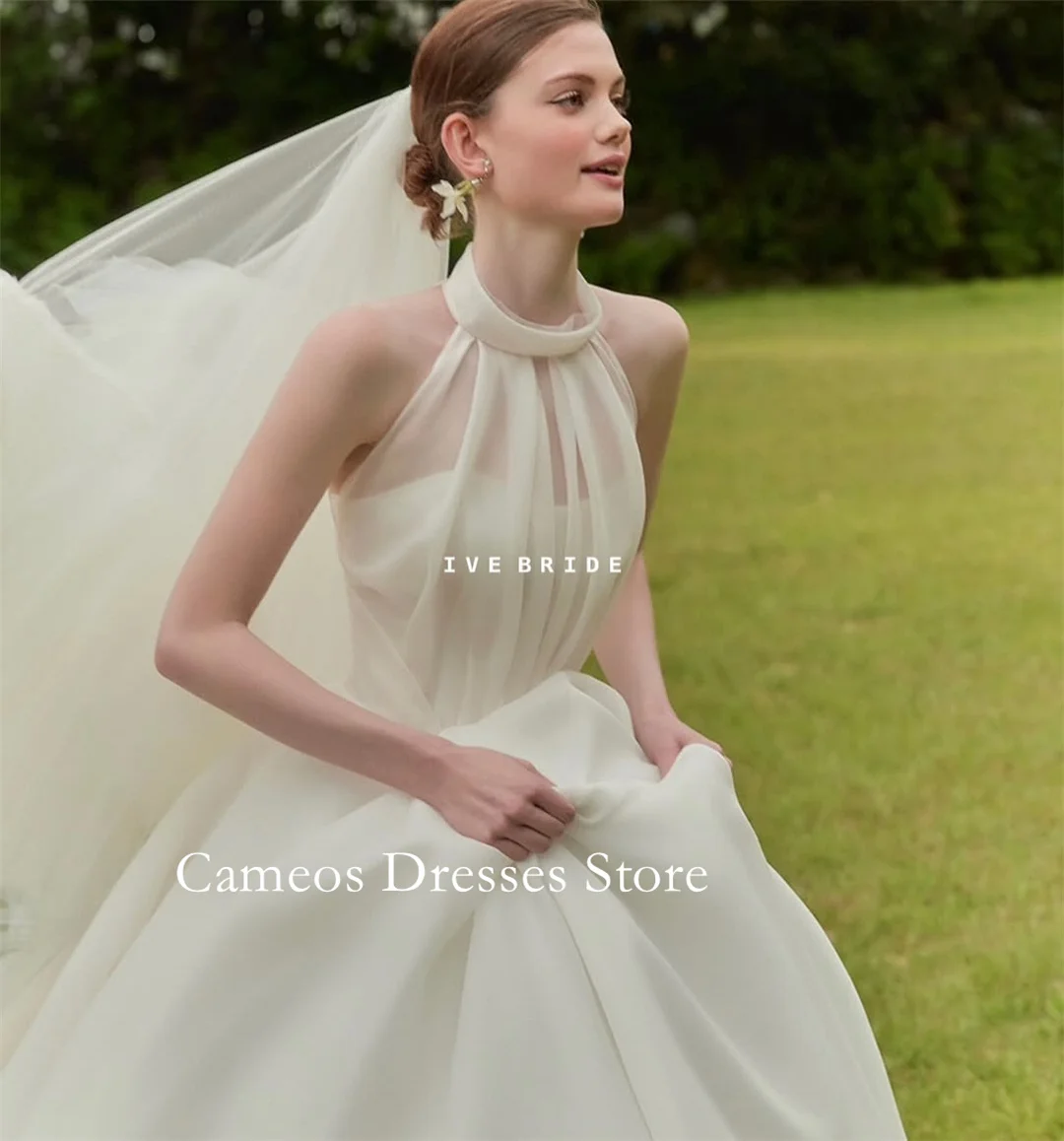 

SONDR индивидуальные свадебные платья трапециевидной формы цвета слоновой кости с высоким воротом и рюшами без рукавов из органзы корейские платья невесты женские свадебные платья