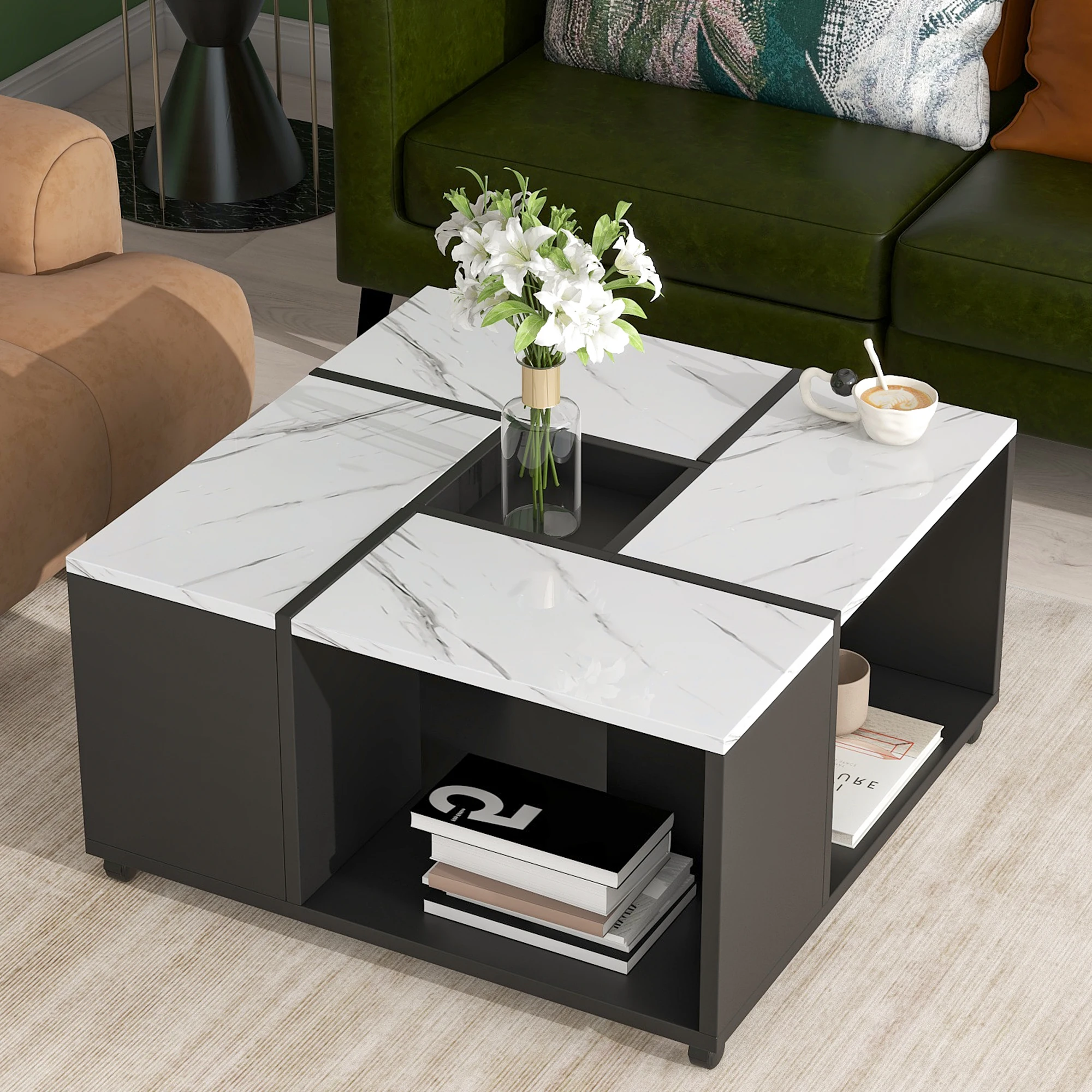 Modern 2-Layer Coffee Table with Casters&Removable Tray Square Cocktail Table UV High-Gloss Marble Design Center Table[US-W]