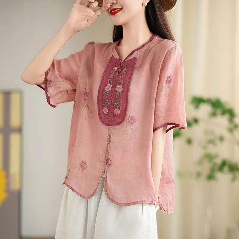 Women Summer Casual Shirt New Arrival 2024 Chinese Style Vintage Floral Embroidery Loose Female Short Sleeve Tops Shirts B3880