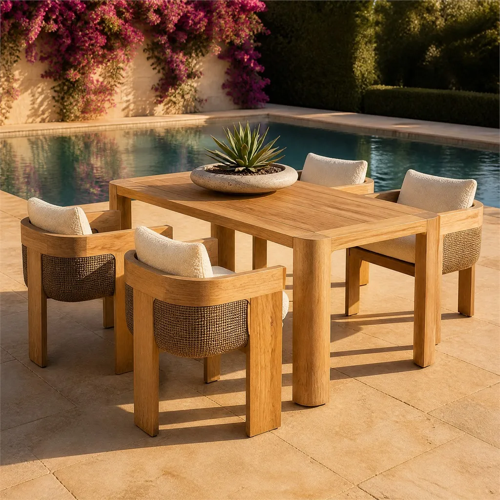 Hotel Villa Wooden Outdoor Furniture Dinning Table and Chair Set with Rattan Weaving Garden Patio Teak Wood Dining Table Set