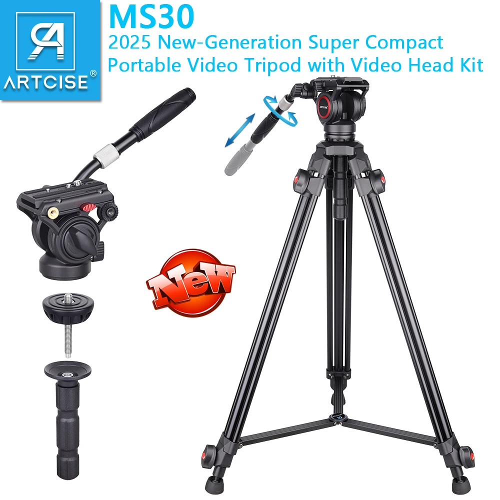 Video Tripod with Fluid Head ARTCISE MS30 Aluminum Heavy Duty Tripod, Quick Release Plate Compatible with DSLR Camera Camcorder